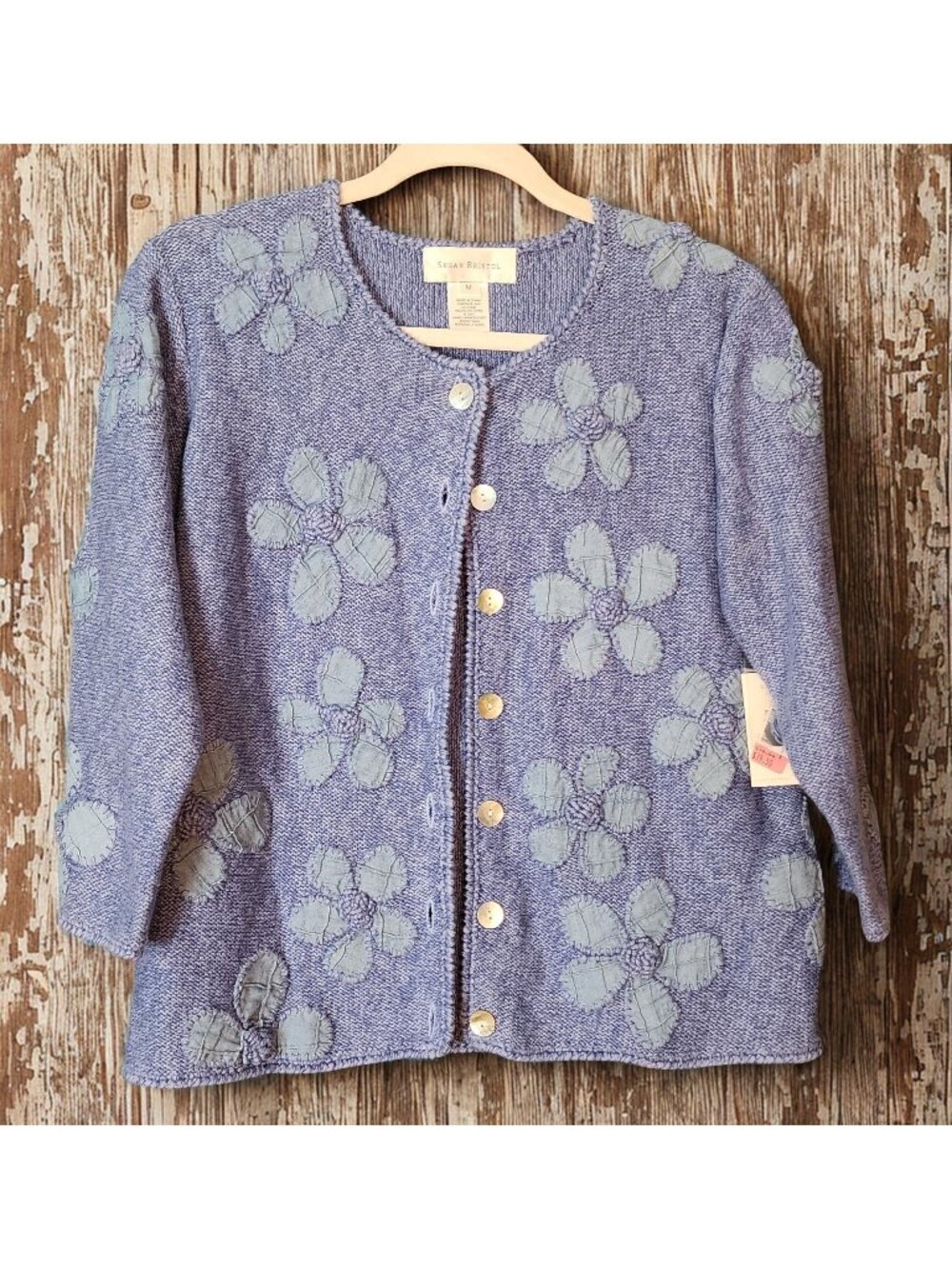 Susan Bristol Cardigan M NWT 2001 Hand Embroidered Floral Applique Blue Y2K